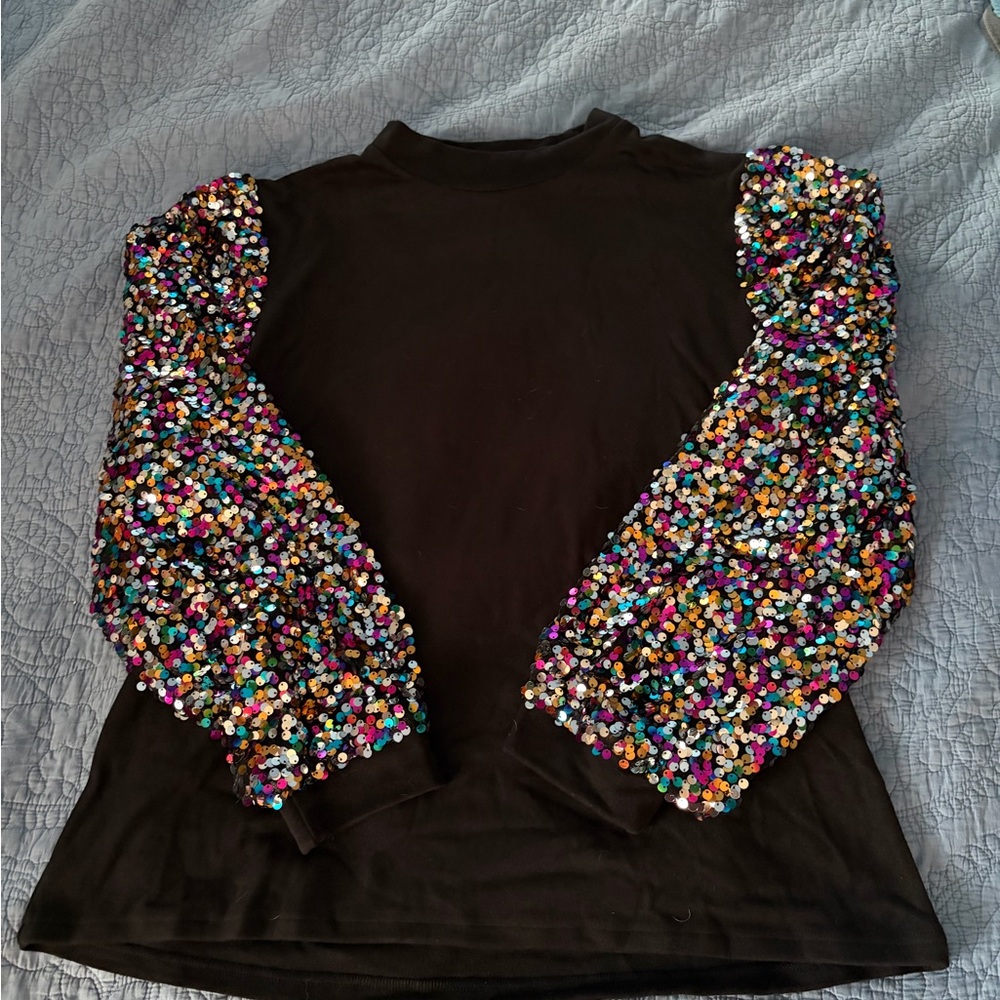 NWT Black Top XXL with Multicolor Sequin Puff Sleeves